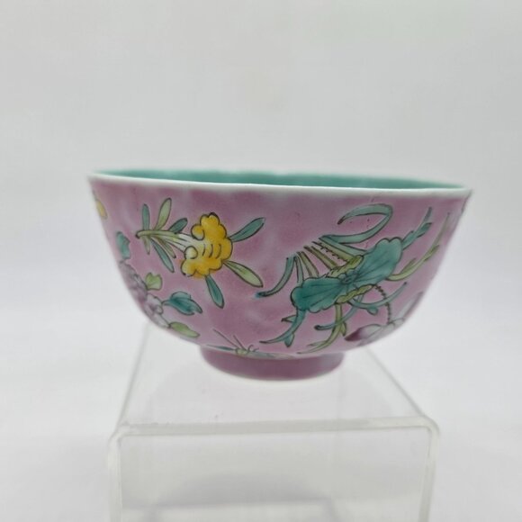 Vintage Chinese Hand Painted Cloisonne Pink Floral Bowl 4.5" - Picture 5 of 8